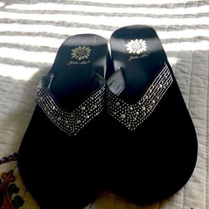 Yellow Box Black Sandals with rhinestones